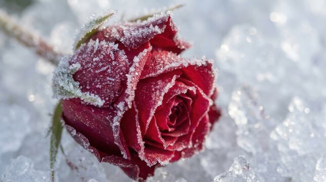 A stunning close-up photograph of a vibrant red rose resting upon a bed of glistening, crystalline snow, with delicate frost coating the velvet petals in a beautiful display of wintertime elegance.