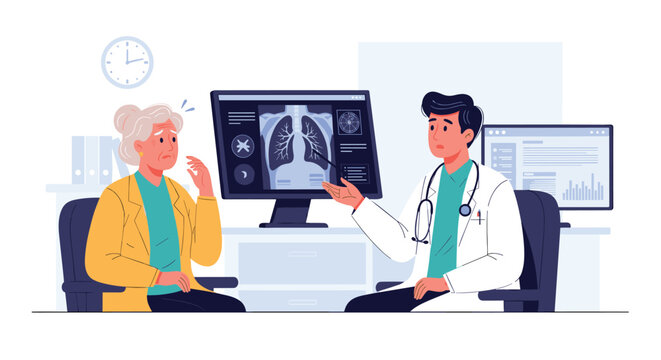 Professional male doctor in a white coat points to a digital lung X-ray on a monitor to explain the medical results to a concerned senior woman.