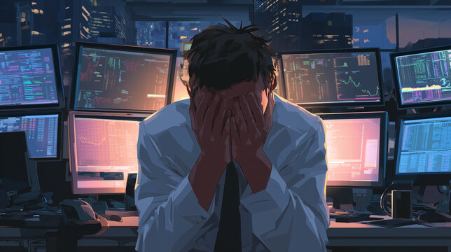 Exhausted office worker burying face in hands at multi-monitor setup with code and trading charts, city skyline at night