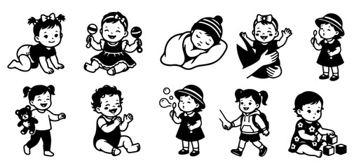 Fototapeta premium Baby and toddler silhouette set with different childhood activities. cute child icons for parenting education and healthcare design