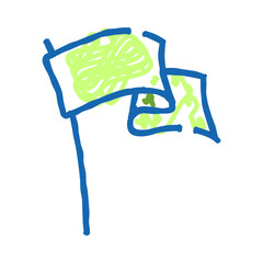 Expressive hand drawn flag doodle with blue outline and green scribbled fill, waving playfully in a childlike, crayon style illustration on a clean white background © vectorwin