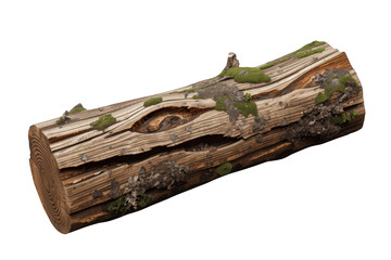 Fototapeta premium Old rotting log covered in moss and fungus, showing natural decay and weathered wood texture on a transparent background