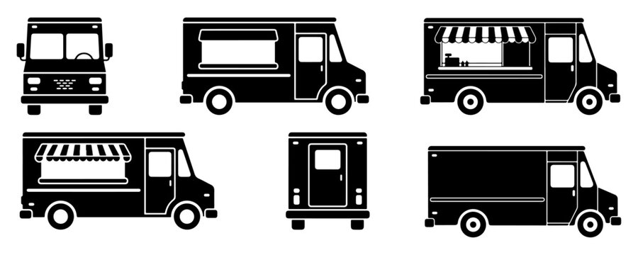 Food truck vector and commercial delivery van silhouette set, mobile street food and transport vehicle icons for catering business