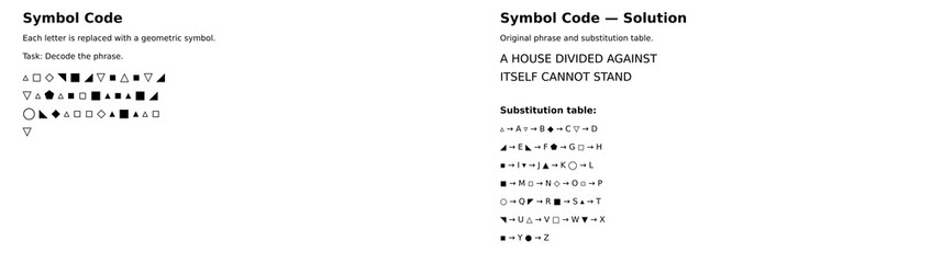 Obraz premium Symbol code cipher puzzle series with geometric substitution tables and solutions. Educational brain teasers for cryptography learning, activity books, and printable worksheets. Vector illustration