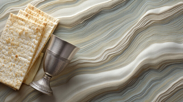 Passover matzah and kiddush cup on a marbled surface with passover religious traditional