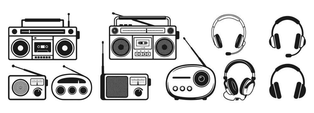 Retro radio and headphones silhouette vector set with vintage music players, old school electronic equipment for musical entertainment