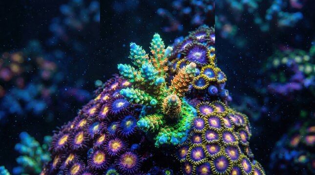 A vibrant macro shot showing a colorful branching Acropora coral thriving alongside a cluster of purple and yellow zoanthid polyps within a deep blue marine reef aquarium environment at night time.