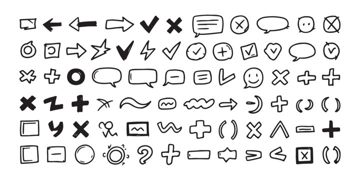 Collection of simple doodle icons featuring checks, crosses, and communication bubbles.