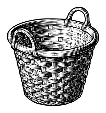 Empty Laundry Basket Black and White Outline Line Art Drawing for Home Chore Illustration Concept