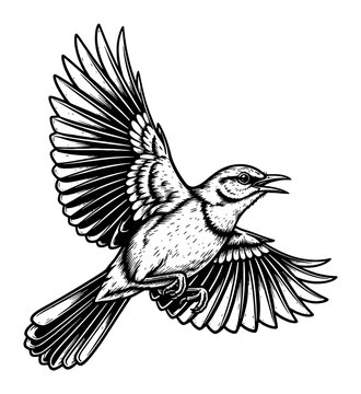 Mockingbird Flying Black and White Outline Line Art Drawing in Classic Vintage Woodcut Style