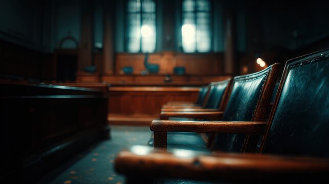 Empty courtroom interior with chairs and wooden details