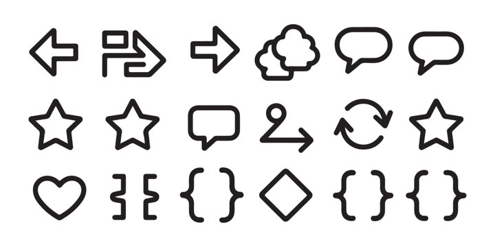 Modern outline icons of arrows stars hearts and speech bubbles on transparent background.