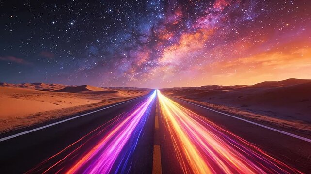 Desert highway with colorful light trails under milky way starry sky