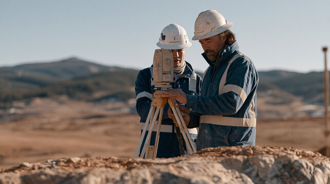 SMR nuclear site civil engineering industrial setting where survey crews map bedrock foundation conditions using seismic refraction equipment and borehole drilling rigs while structural engineers re