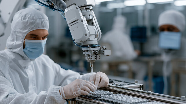 Robot arm in pharmaceutical cleanroom filling sterile vials with measured liquid doses, precise needle dispenser mounted on robotic track, quality control technician in full protective gown monitori