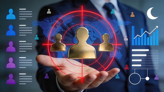 Target audience marketing strategy concept, businessman hand presenting golden user profiles in red crosshair focus, world map background with data analytics charts, customer