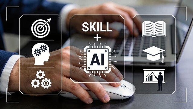 Skill development and AI education concept, hands using mouse and keyboard with icons for brain gears, graduation cap, book and presentation chart, upskilling workforce,