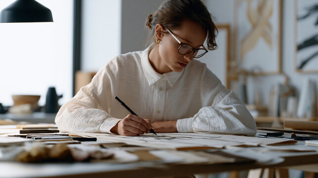 Over-the-shoulder view of a packaging designer sketching a tote bag logo by hand at a drafting table, ink pens and swatches arranged on the surface, branding agency workflow and product identity dev