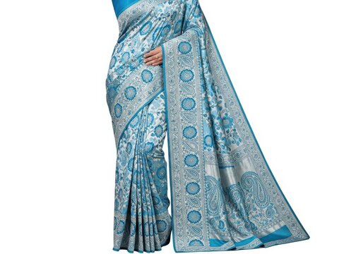 Elegant blue and white patterned saree with intricate designs and a pallu