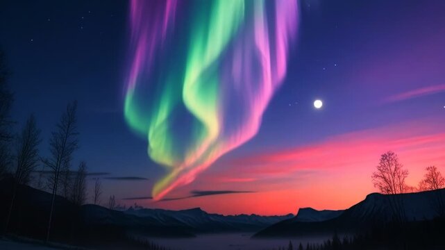 A stunning vertical aurora borealis of green, purple, and pink hues hangs over the mountain range in a beautiful and colorful evening scene.