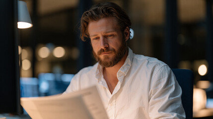 Obraz premium Intelligence analyst in secured facility reviewing classified briefing materials at isolated workstation, restricted access badge visible, no-window interior, government contractor setting, national