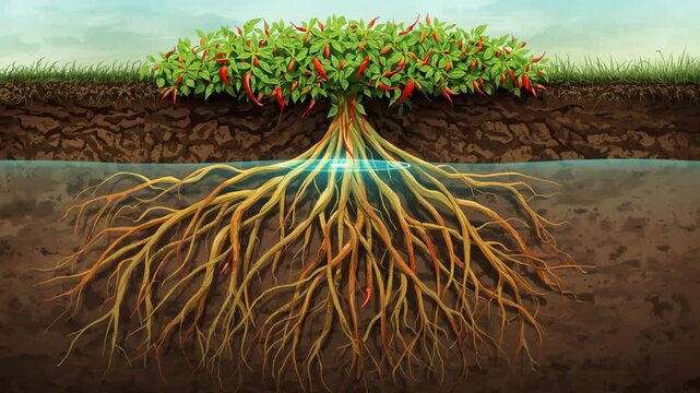 Illustration of a chili pepper plant with vibrant red fruits and extensive root system in soil and water