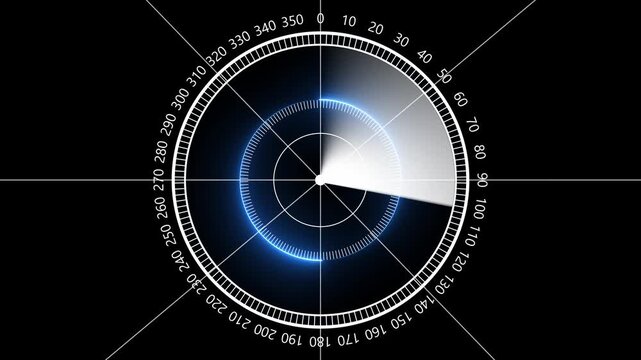 Radar screen display with rotating sweep and blue glowing interface on black background scan sonar technology navigation surveillance