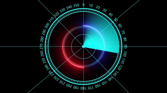 Radar screen display with rotating sweep and red and cyan glowing interface on black background scan sonar technology navigation surveillance