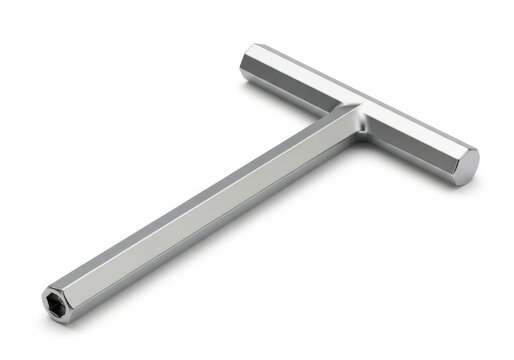 A close-up view of a stainless steel t-shaped allen wrench tool with a hollow end