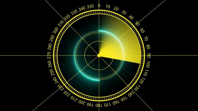 Radar screen display with rotating sweep and yellow and blue glowing interface on black background scan sonar technology navigation surveillance