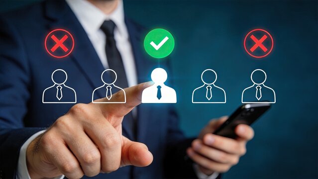 Businessman selecting the right candidate from a group of people icons on a digital interface, representing human resources recruitment, hiring process, employee selection, and