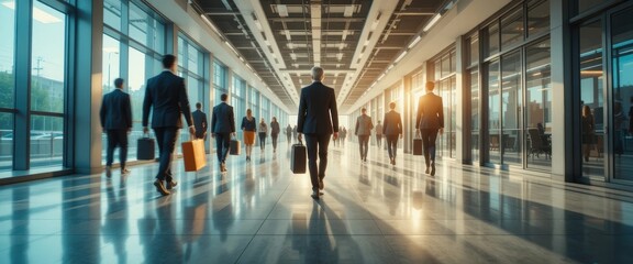 Fototapeta premium Business professionals walk in a modern office building corridor during late afternoon hours