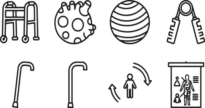 Physical Therapy and Geriatric Rehabilitation Icon Set with Mobility Walker Medical Cane Massage Ball Balance Sphere and Hand Grip Exerciser Line Vectors