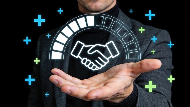Hand holding glowing handshake icon surrounded by plus signs, symbolizing successful business deal, partnership agreement and collaboration concept