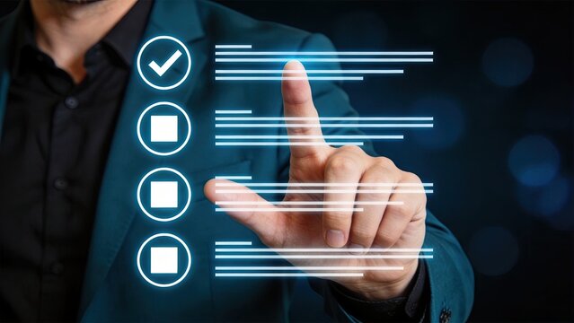 Hand selecting option on virtual checklist interface with checkmark icon, representing decision making process and task completion management