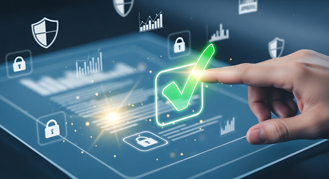 Advanced electronic certification platform showing finger touching holographic validation tick symbol, secure identity confirmation, database management, and cloud access.