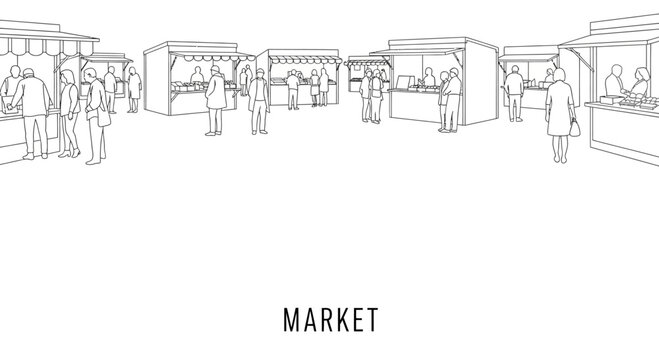Hand drawn illustration of a busy outdoor street market with people and stalls.