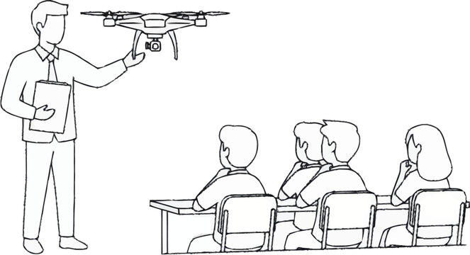 Man teaching drone to students.