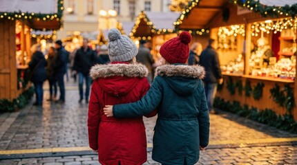 Obraz premium two girls in colorful parkas walking at a christmas market, back view, twilight lights, festive wooden stalls, winter holiday scene