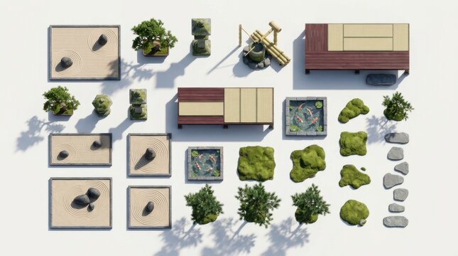 Top view of japanese zen garden elements with stone lanterns sand patches wooden benches and green bushes for landscape design and architecture planning