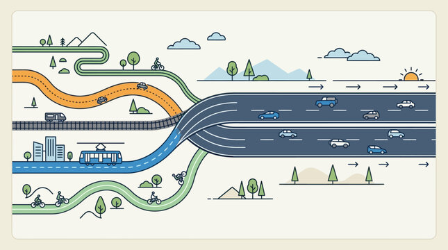 Multimodal transportation network convergence infographic with various travel modes merging into a single highway.