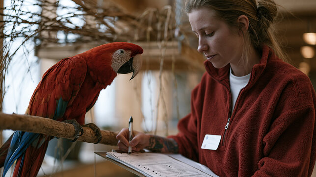 Avian behaviorist installing ceiling-mounted swing and willow branch cluster inside floor-to-ceiling indoor flight cage, scarlet macaw watching intently from high perch as enrichment assessment form