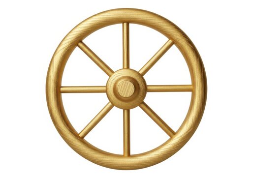 A detailed illustration of a golden wagon wheel with intricate spokes and a central hub.