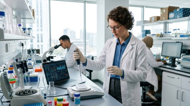 A woman in a lab coat working in a laboratory with a laptop, microscope, and test tubes.