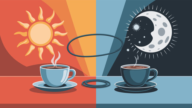 Two coffee cups side by side featuring a sun for morning and a moon for night themes to represent 24 7 availability or daily routine.