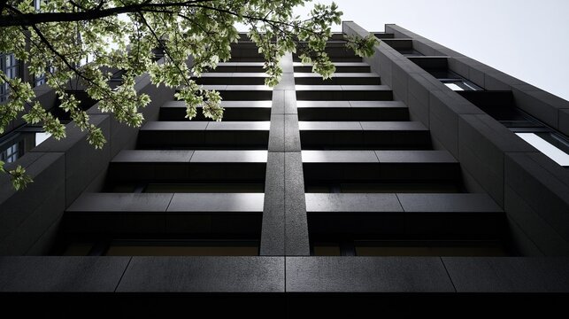 Low angle view of dark stone clad modern high rise building with symmetric horizontal lines and green tree leaves at top showing brutalist architectural symmetry and nature blend