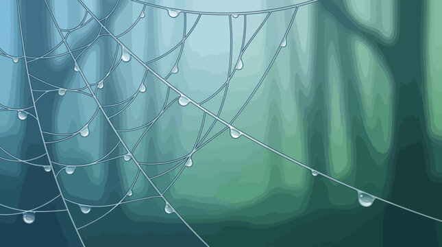 Cobweb with dew drops on a blurred green background
