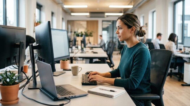 A woman wearing a green sweater, seated at a desk in a modern office with multiple monitors and a laptop, surrounded by office furniture and plants.