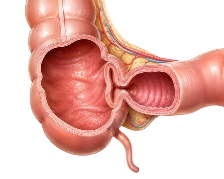 Medical Illustration of Ileocecal Valve and Appendix in Human Large Intestine Cross Section