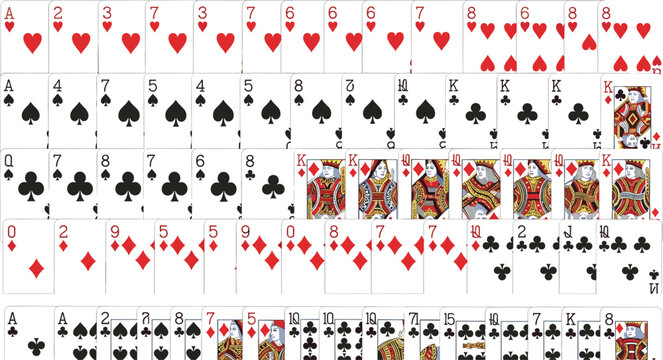 Full Playing Cards Set with Hearts, Spades, Clubs, and Diamonds Suited Deck Featuring Aces, Kings, Queens, Jacks, and Numbered Cards for Gambling and Game DesignFull Playing Cards Set with Hearts, Spa
